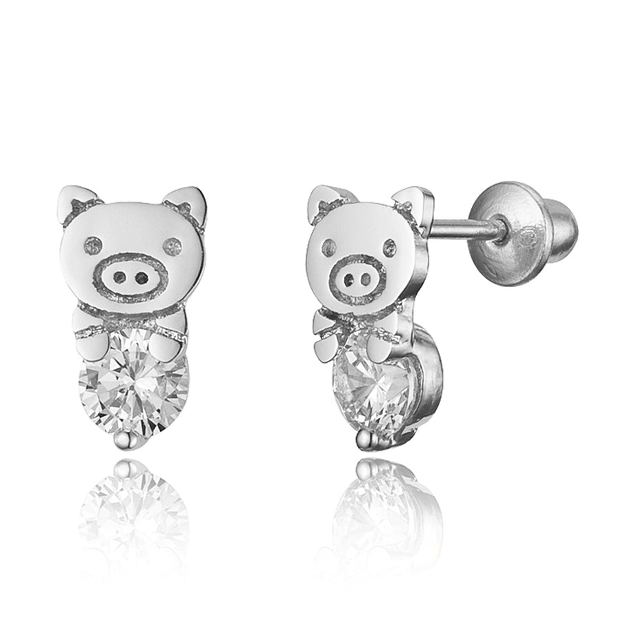 925 Sterling Silver Rhodium Plated Pig CZ Screwback Baby Girls Earrings