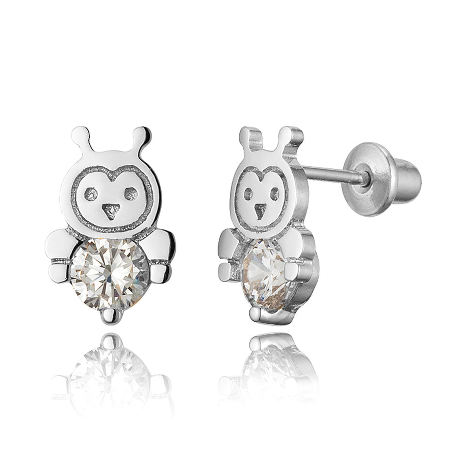 925 Sterling Silver Rhodium Plated Bumble Bee CZ Screwback Baby Girls Earrings