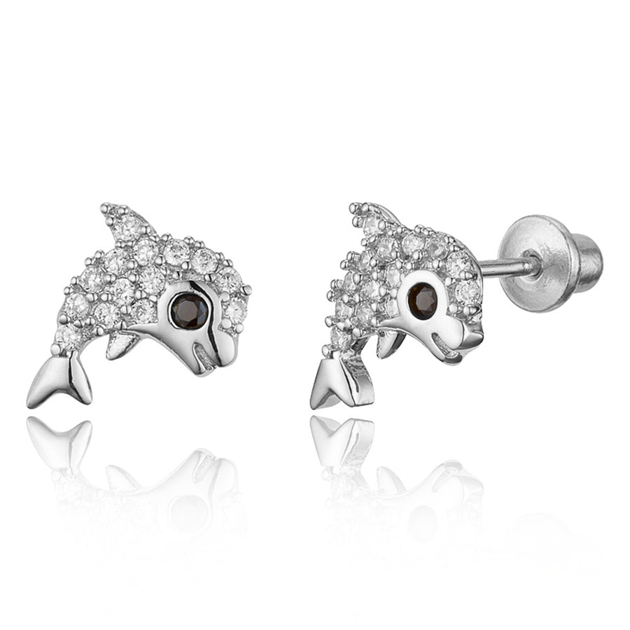 925 Sterling Silver Rhodium Plated Dolphin CZ Screwback Baby Girls Earrings