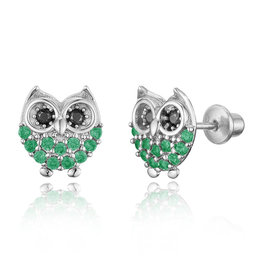 925 Sterling Silver Rhodium Plated Green Owl CZ Screwback Baby Girls Earrings