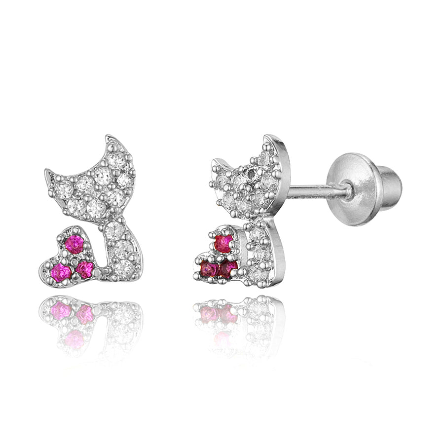 925 Sterling Silver Rhodium Plated Cat CZ Screwback Baby Girls Earrings