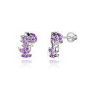925 Sterling Silver Rhodium Plated Dinosaur CZ Screwback Baby Girls Earrings