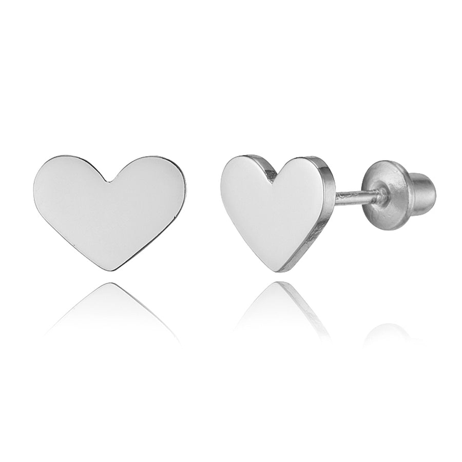 925 Sterling Silver Rhodium Plated Plain Heart Screwback Baby Girls Earrings