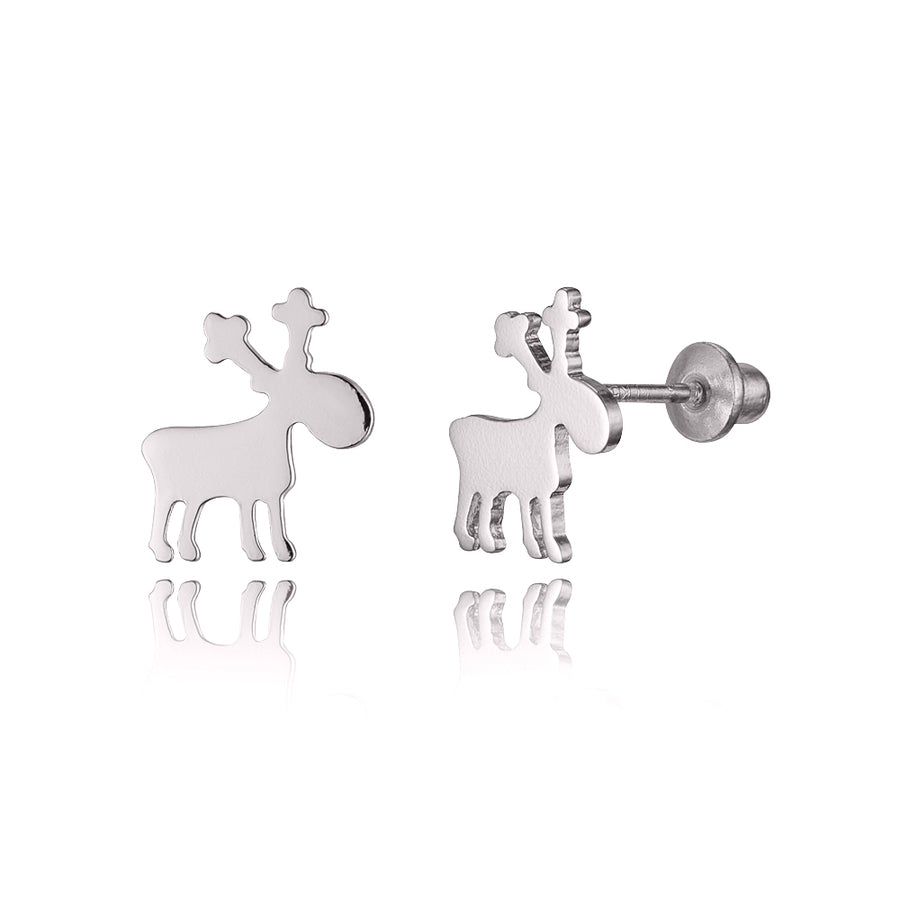 925 Sterling Silver Rhodium Plated Moose Screwback Baby Girls Earrings