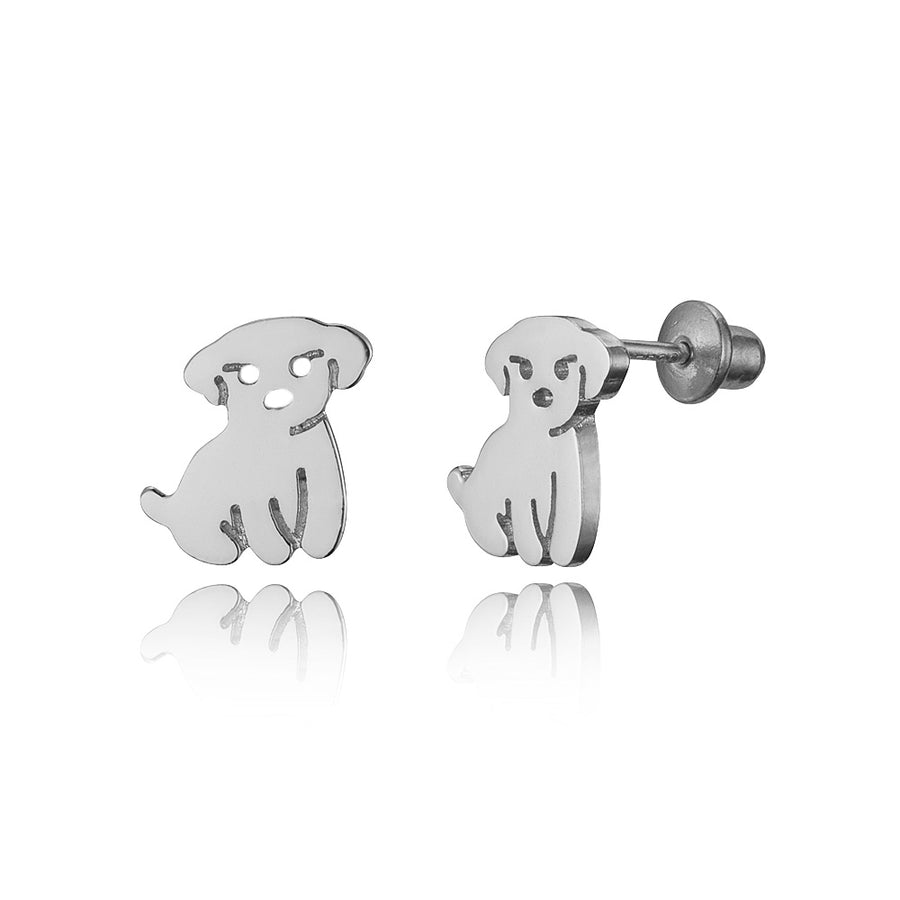 925 Sterling Silver Rhodium Plated Puppy Screwback Baby Girls Earrings