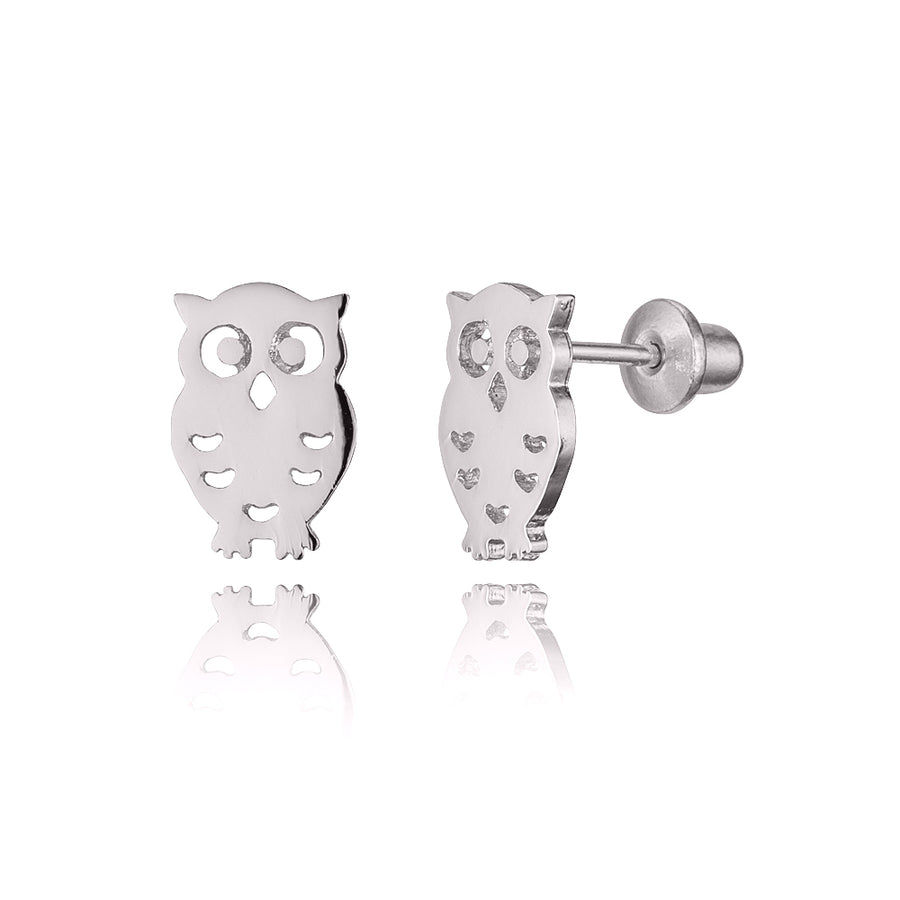 925 Sterling Silver Rhodium Plated Owl Screwback Baby Girls Earrings