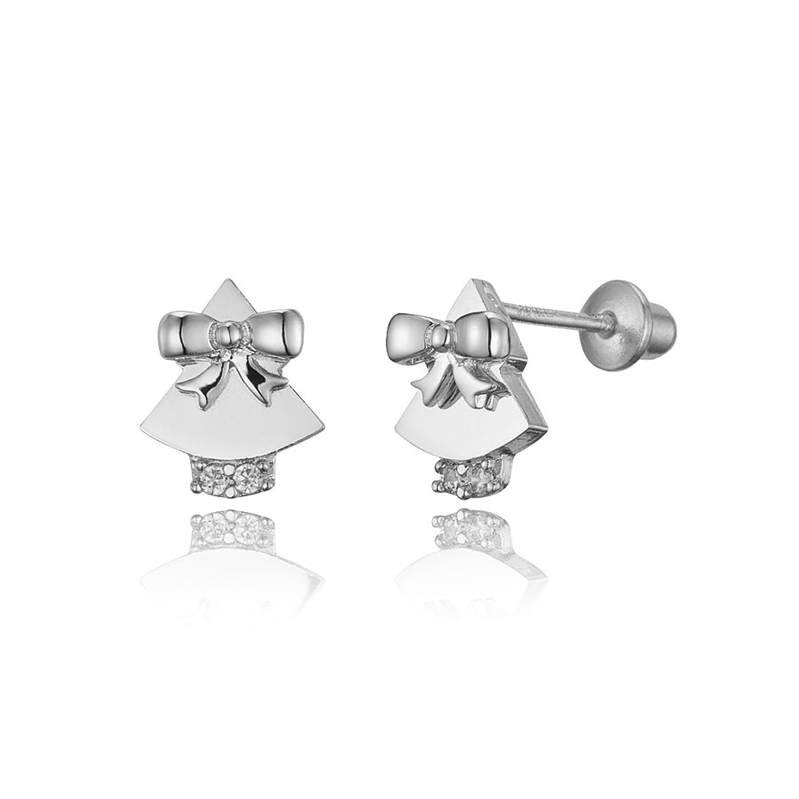 925 Sterling Silver Rhodium Plated Bell CZ Screwback Baby Girls Earrings