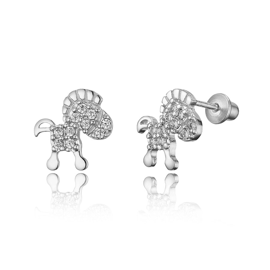 925 Sterling Silver Rhodium Plated Horse CZ Screwback Baby Girls Earrings