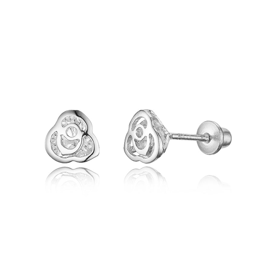 925 Sterling Silver Rhodium Plated Rose CZ Screwback Baby Girls Earrings