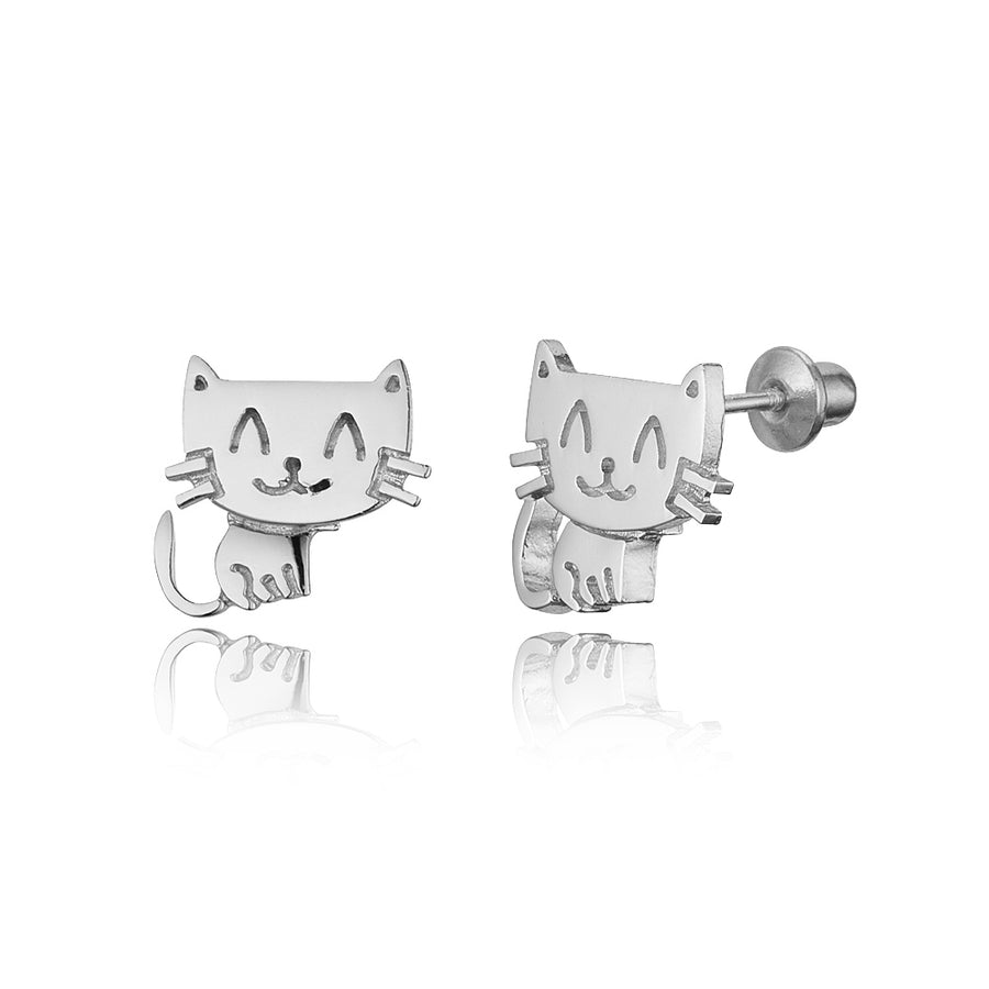 925 Sterling Silver Rhodium Plated Happy Cat Screwback Baby Girls Earrings