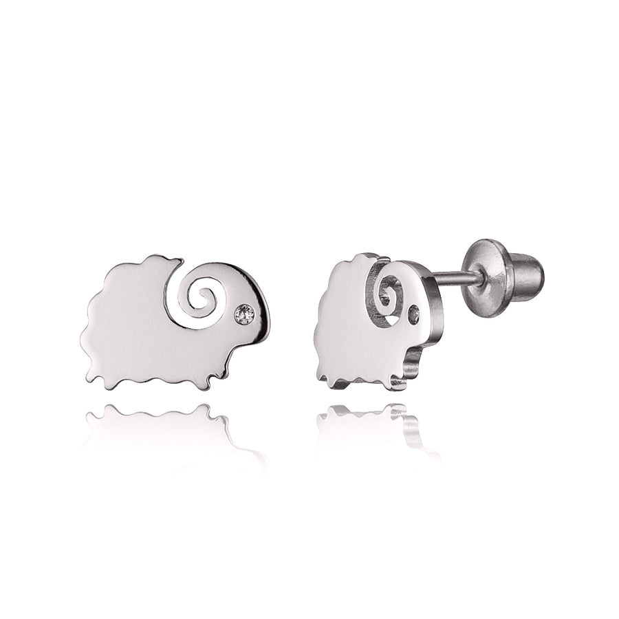 925 Sterling Silver Rhodium Plated Baby Sheep Screwback Baby Girls Earrings