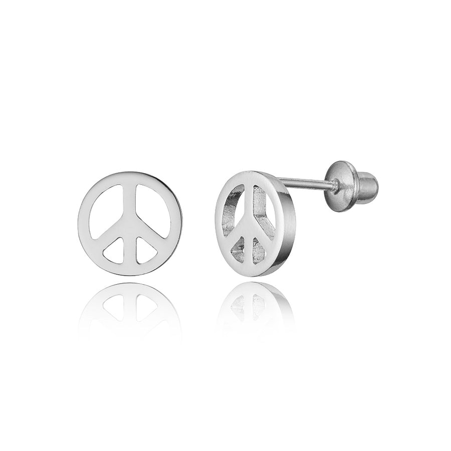 925 Sterling Silver Rhodium Plated Peace Sign Screwback Baby Girls Earrings