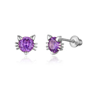925 Sterling Silver Rhodium Plated Cat CZ Screwback Baby Girls Earrings