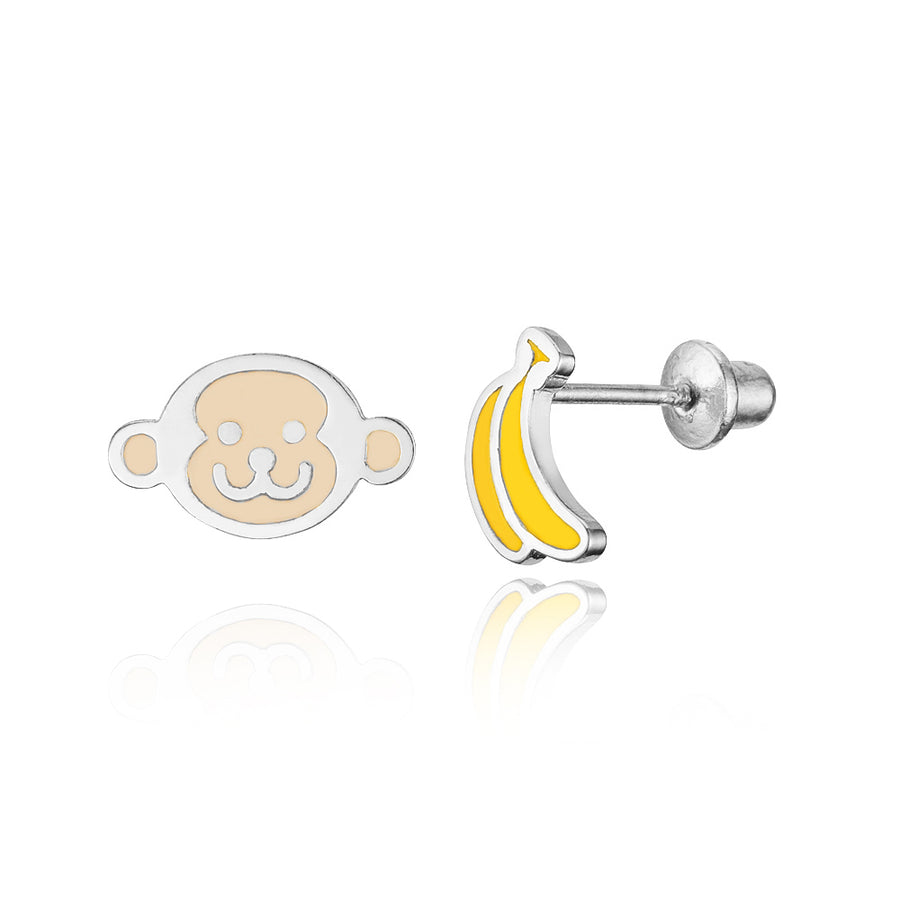 925 Sterling Silver Rhodium Plated Enamel Monkey Banana Screwback Girls Earrings