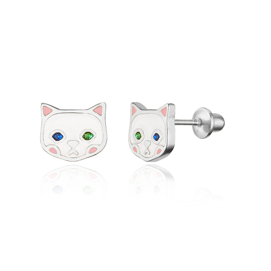 925 Sterling Silver Rhodium Plated Enamel Baby Cat Screwback Baby Girls Earrings
