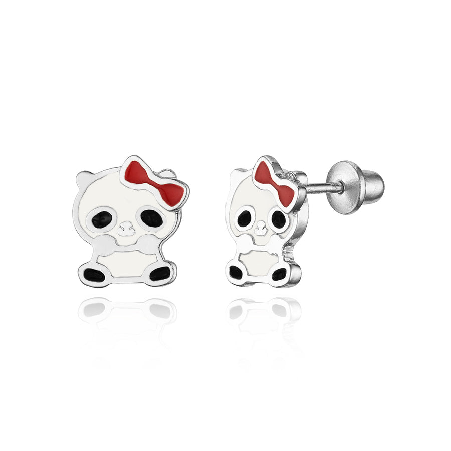 925 Sterling Silver Rhodium Plated Enamel Panda Screwback Baby Girls Earrings