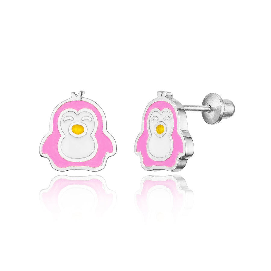 925 Sterling Silver Rhodium Plated Enamel Pink Penguin Screwback Girls Earrings