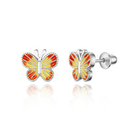 925 Sterling Silver Rhodium Plated Enamel Butterfly Screwback Baby Girl Earrings