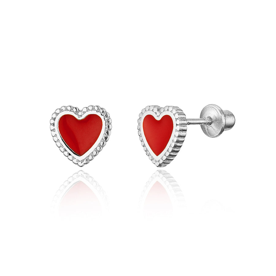 925 Sterling Silver Rhodium Plated Enamel Red Heart Screwback Baby Girl Earrings