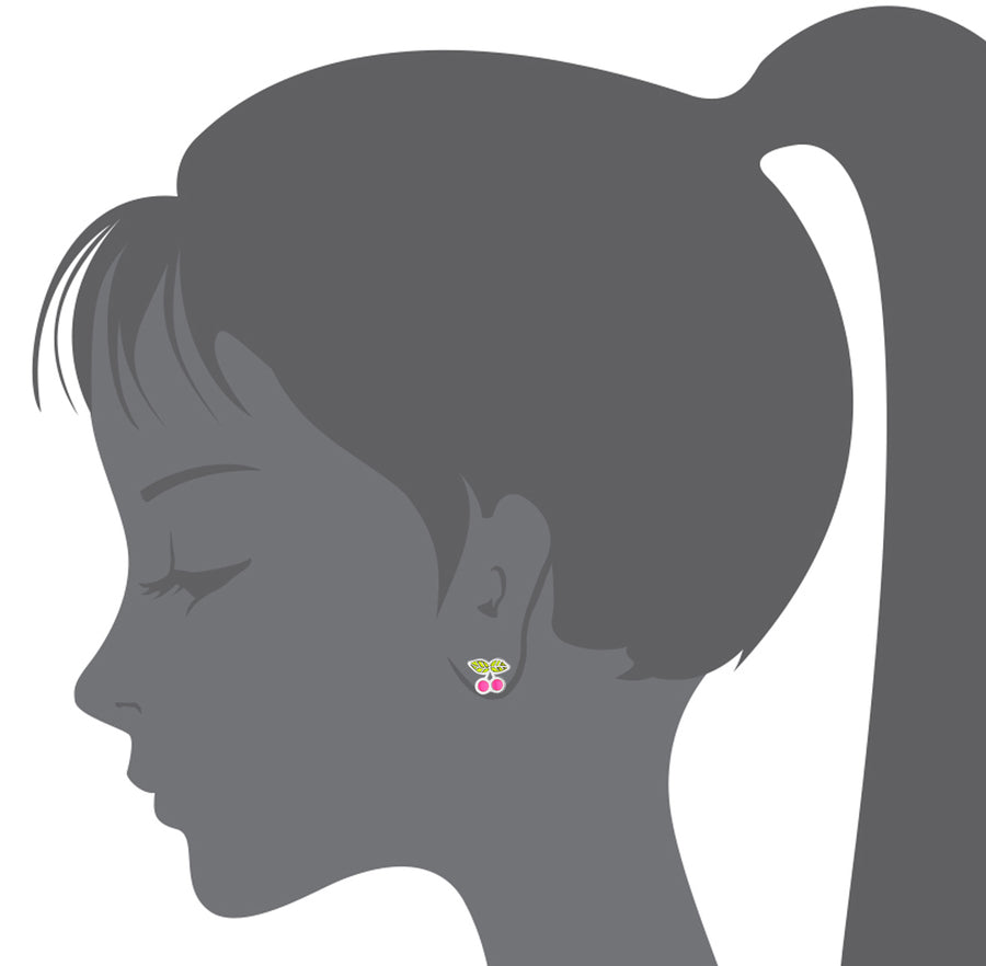 925 Sterling Silver Rhodium Plated Enamel Cherry Screwback Baby Girls Earrings