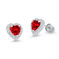 925 Sterling Silver Rhodium Plated Birth Heart CZ Screwback Baby Girls Earrings