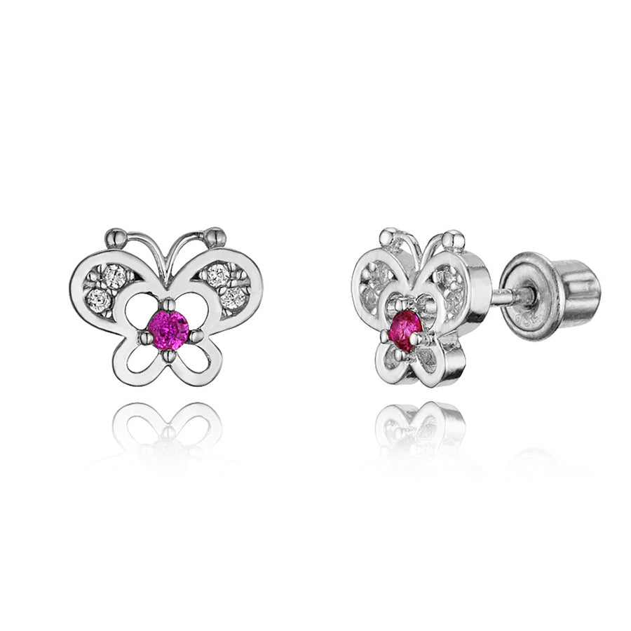 925 Sterling Silver Rhodium Plated Red Butterfly CZ Screwback Baby Girl Earrings
