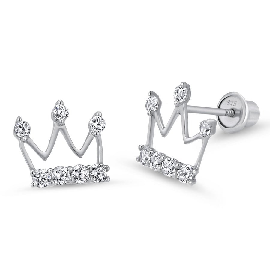 925 Sterling Silver Rhodium Plated Princess Crown CZ Screwback Baby Girl Earring