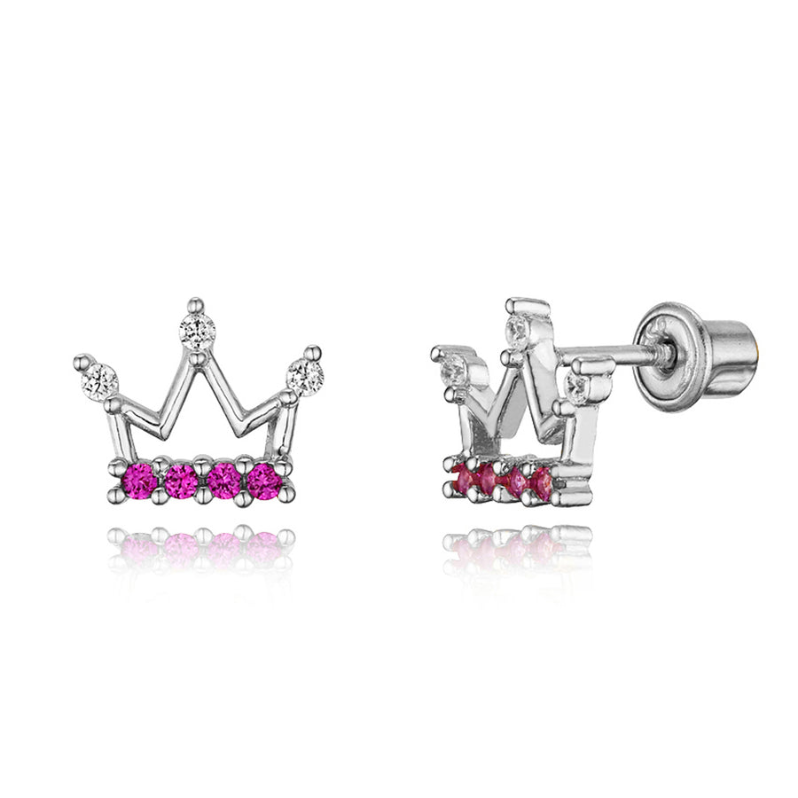 925 Sterling Silver Rhodium Plated Princess Crown CZ Screwback Baby Girl Earring