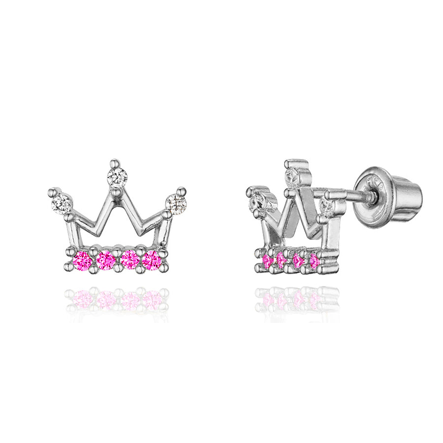 925 Sterling Silver Rhodium Plated Princess Crown CZ Screwback Baby Girl Earring