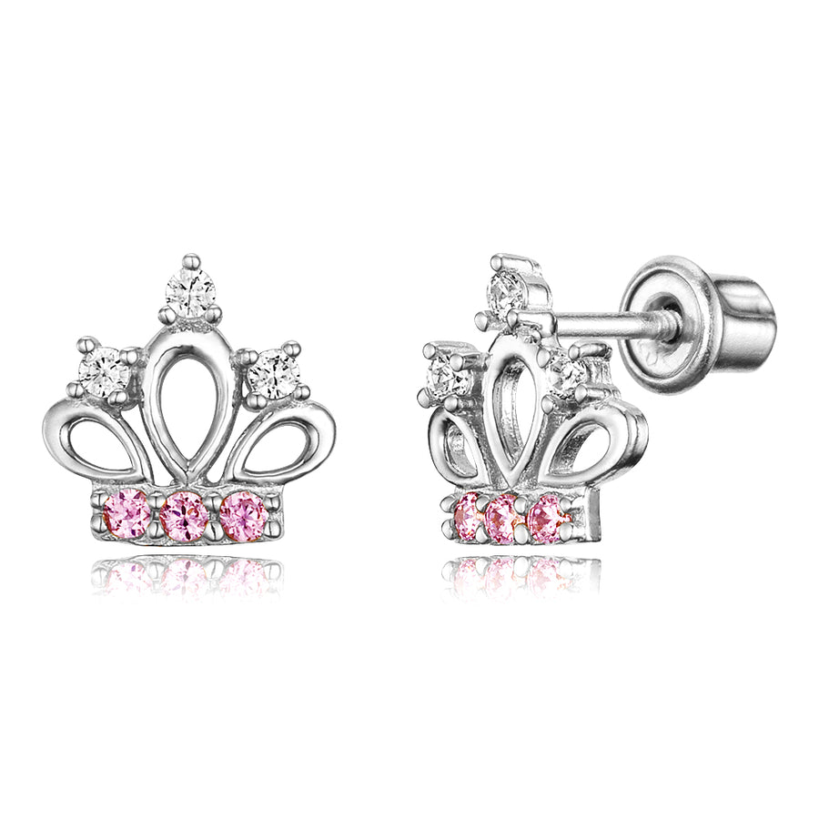 925 Sterling Silver Rhodium Plated Pink CZ  Crown Screwback Baby Girls Earrings