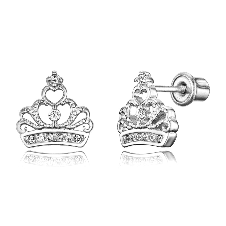 925 Sterling Silver Rhodium Plated CZ Princess Crown Screwback Baby Girl Earring