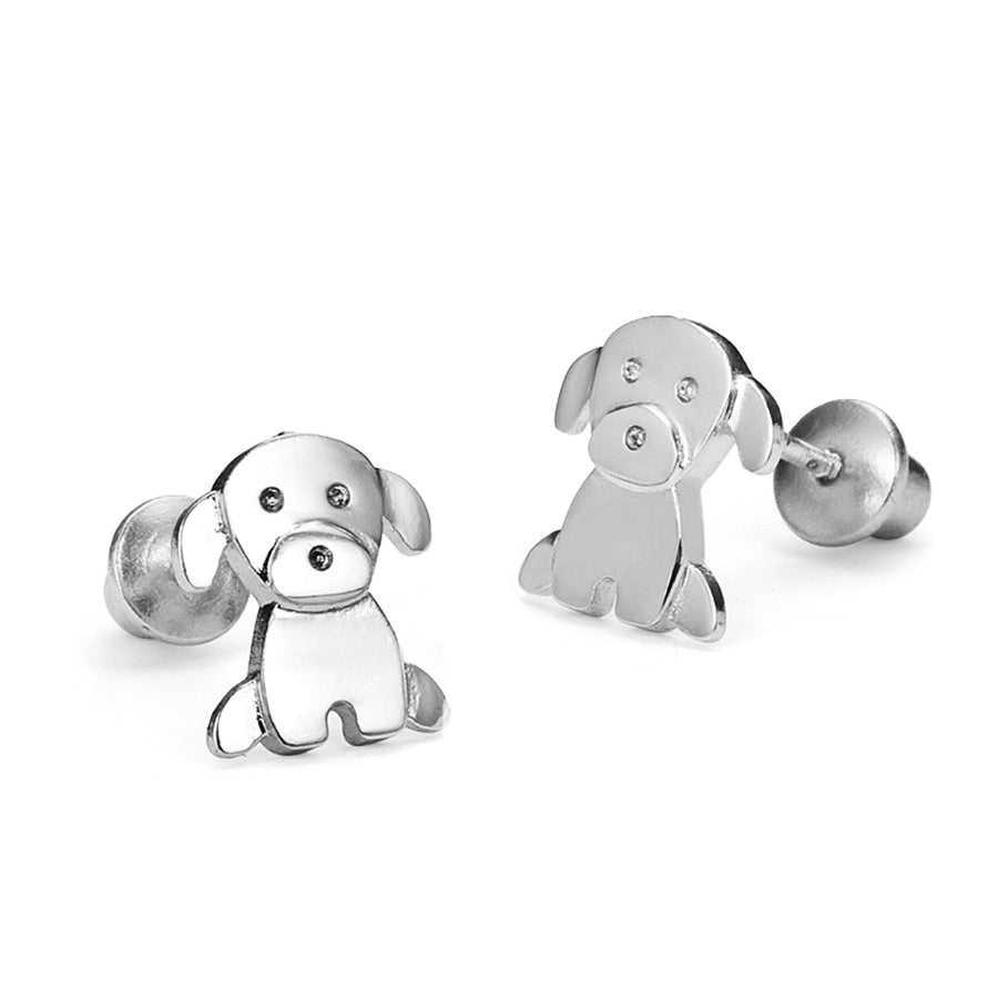 925 Sterling Silver Rhodium Plated Puppy Screwback Baby Girls Earrings