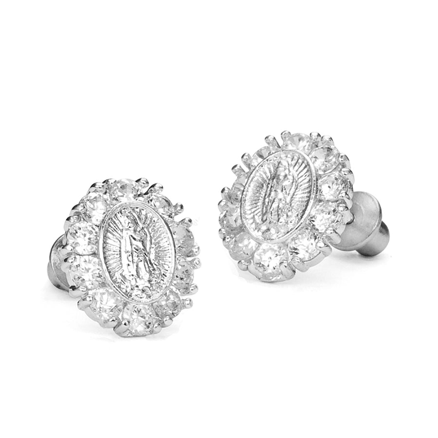 925 Sterling Silver Rhodium Plated Guadalupe CZ Screwback Baby Girls Earrings