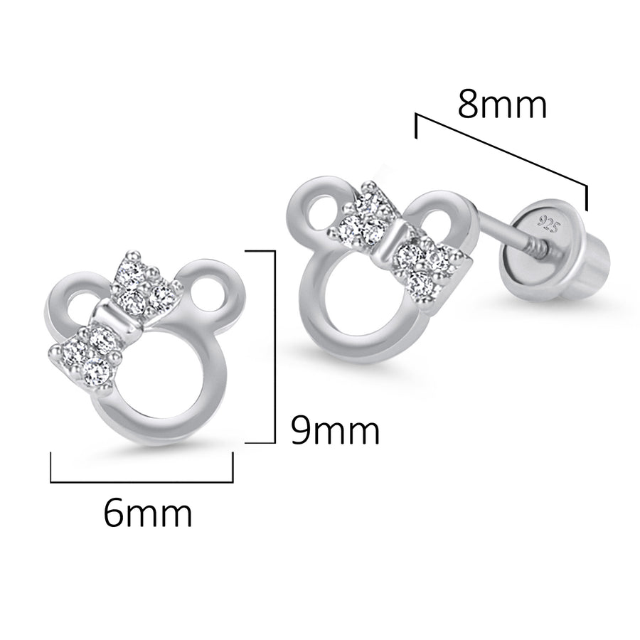925 Sterling Silver Rhodium Plated Mouse Screwback Baby Girl Earring Silver Post