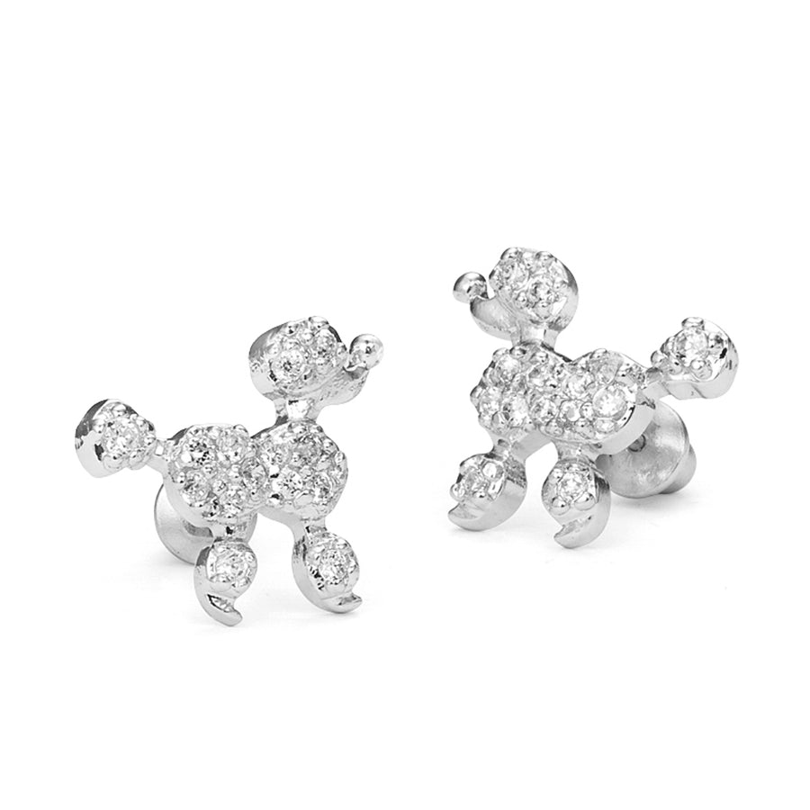 925 Sterling Silver Rhodium Plated Poodle CZ Screwback Baby Girls Earrings