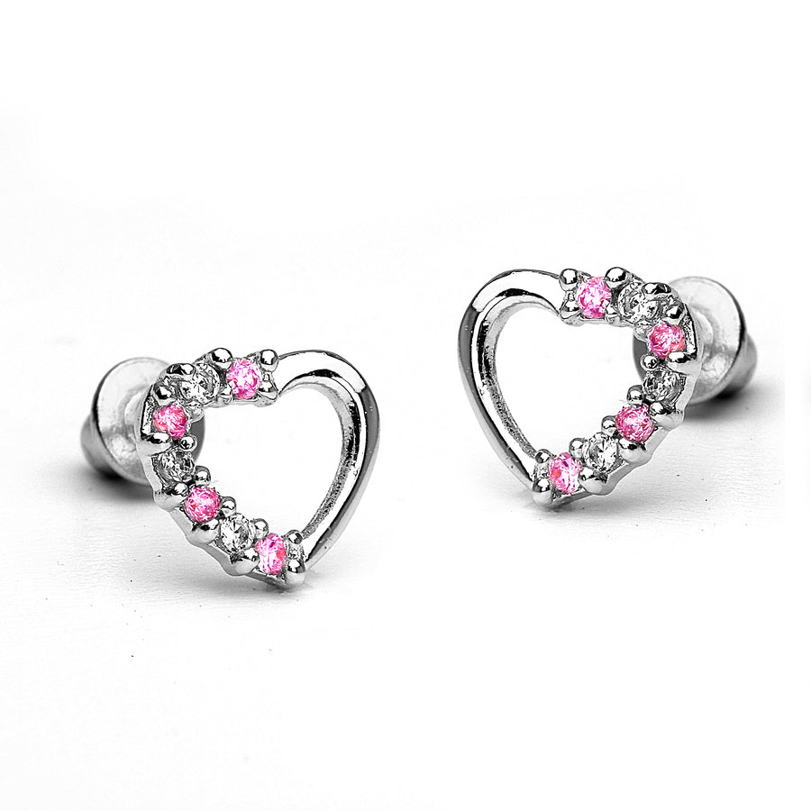 925 Sterling Silver Rhodium Plated Open Heart CZ Screwback Baby Girls Earrings