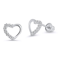 925 Sterling Silver Rhodium Plated Open Heart CZ Screwback Baby Girls Earrings