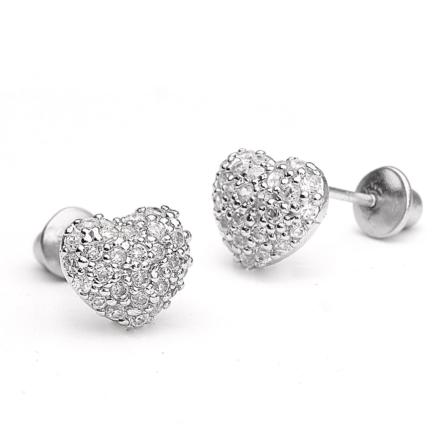 925 Sterling Silver Rhodium Plated Domed Heart CZ Screwback Baby Girls Earrings
