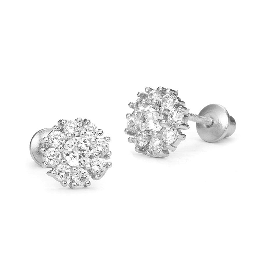 925 Sterling Silver Rhodium Plated Flower CZ Screwback Baby Girls Earrings