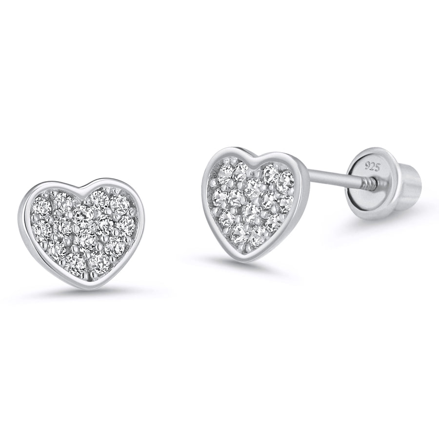 925 Sterling Silver Rhodium Plated Pave Heart CZ Screwback Baby Girls Earrings