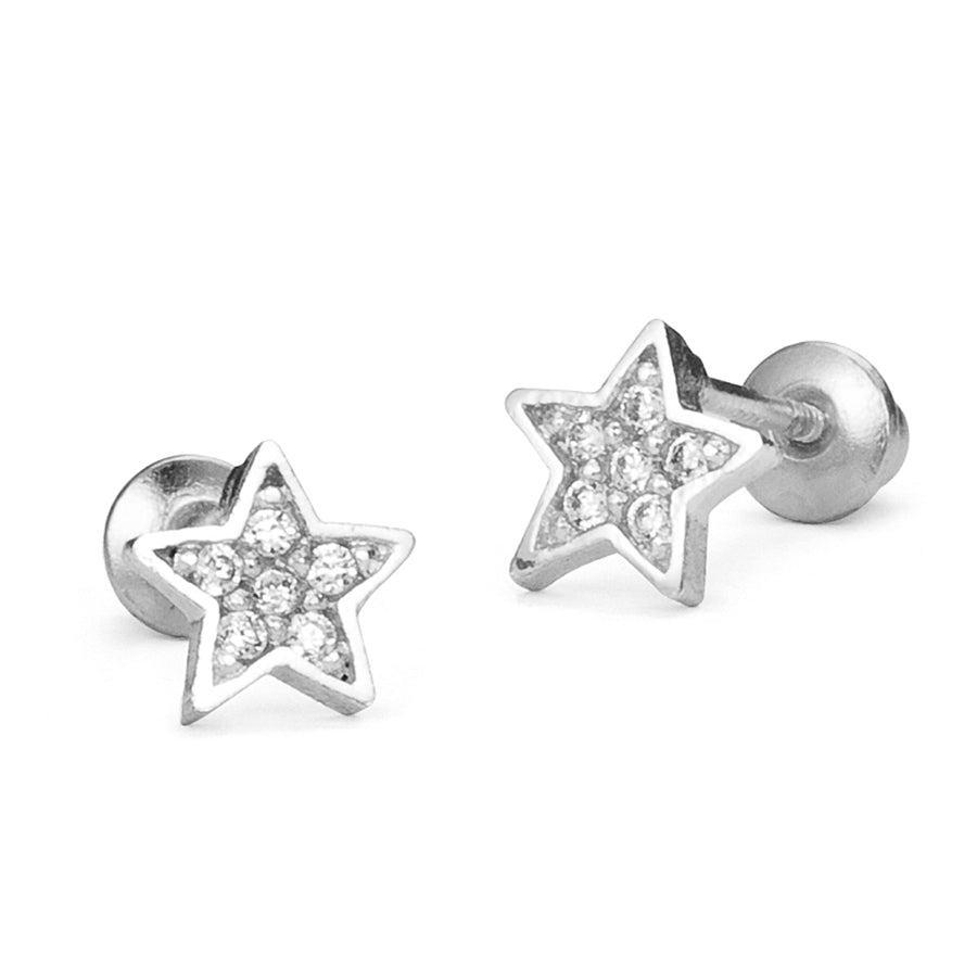 925 Sterling Silver Rhodium Plated Star CZ Screwback Baby Girls Earrings