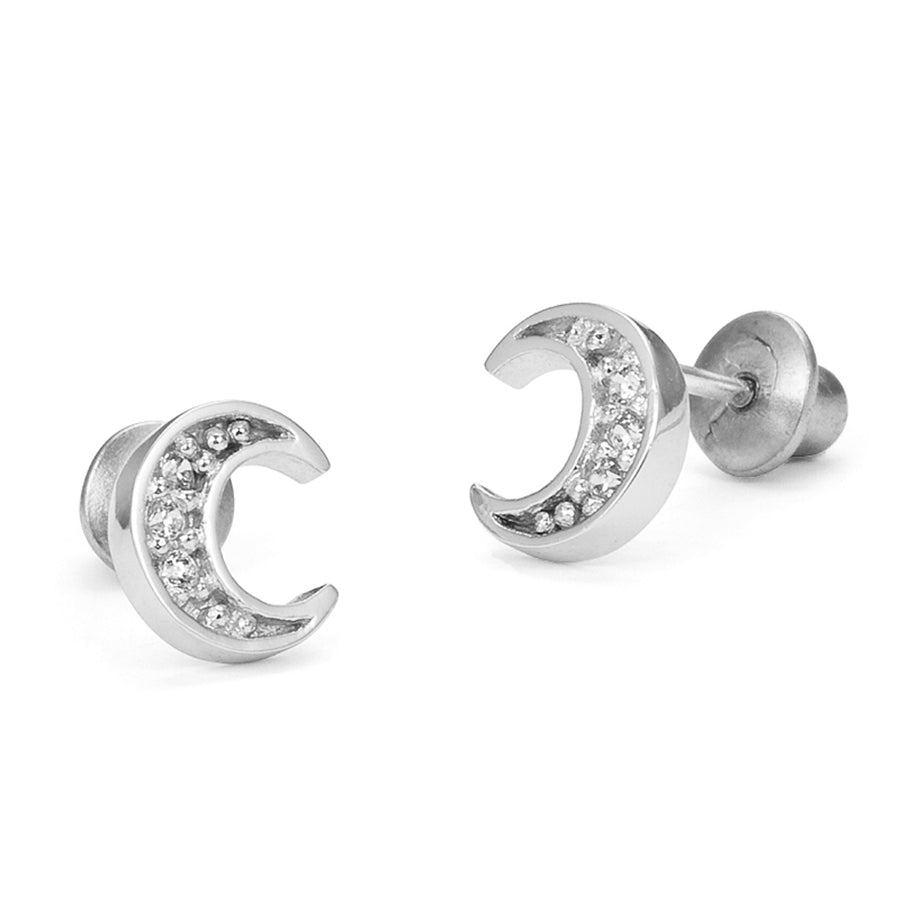 925 Sterling Silver Rhodium Plated Moon CZ Screwback Baby Girls Earrings