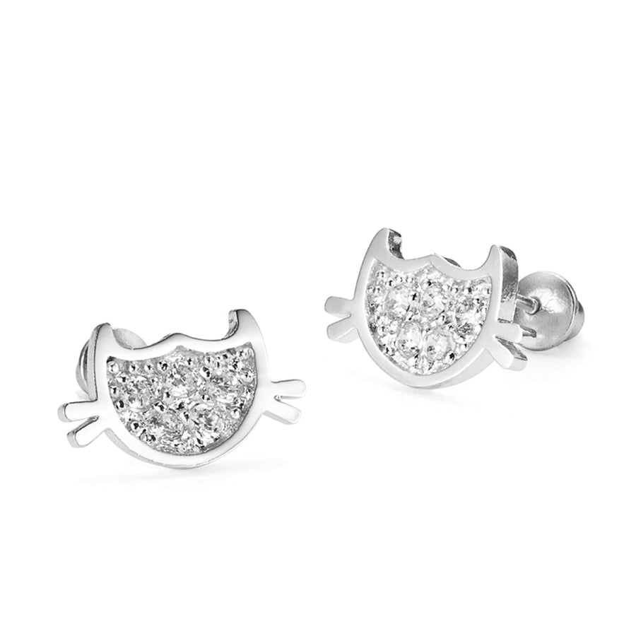 925 Sterling Silver Rhodium Plated Cat CZ Screwback Baby Girls Earrings