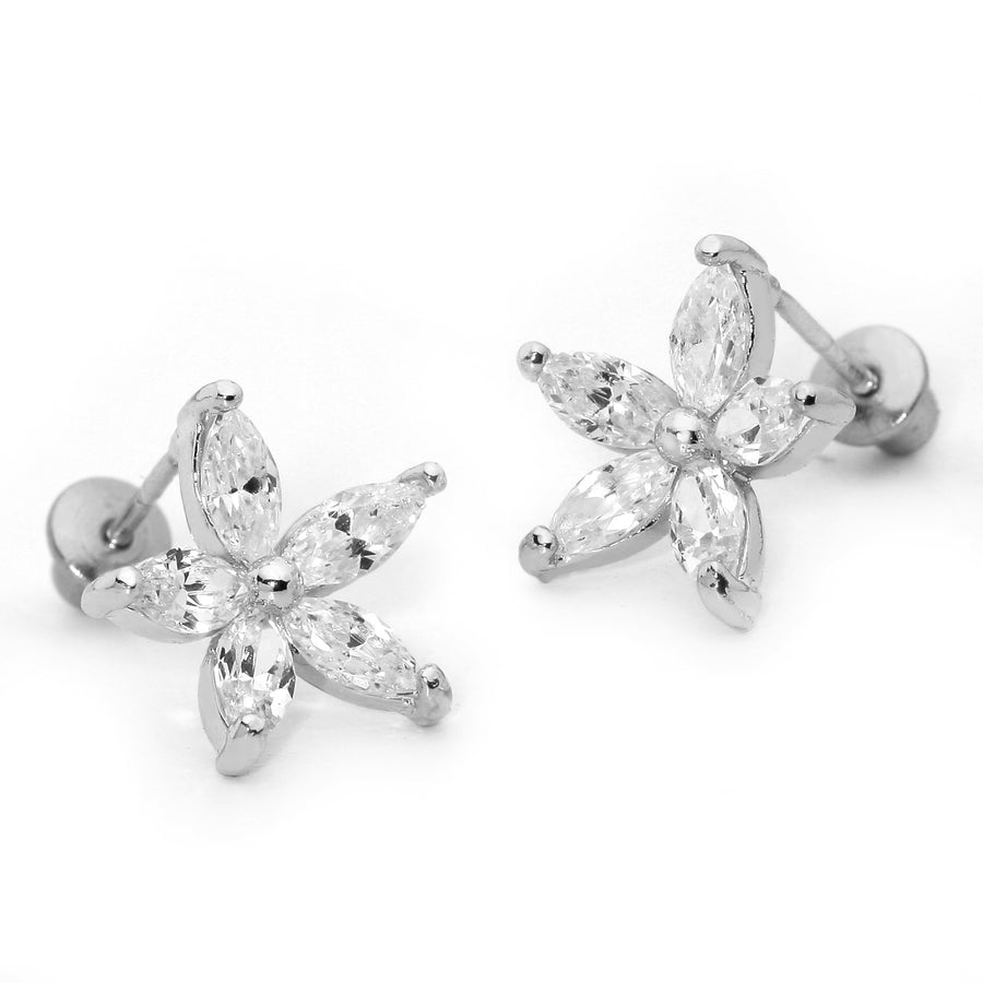 925 Sterling Silver Rhodium Plated Flower CZ Screwback Baby Girls Earrings