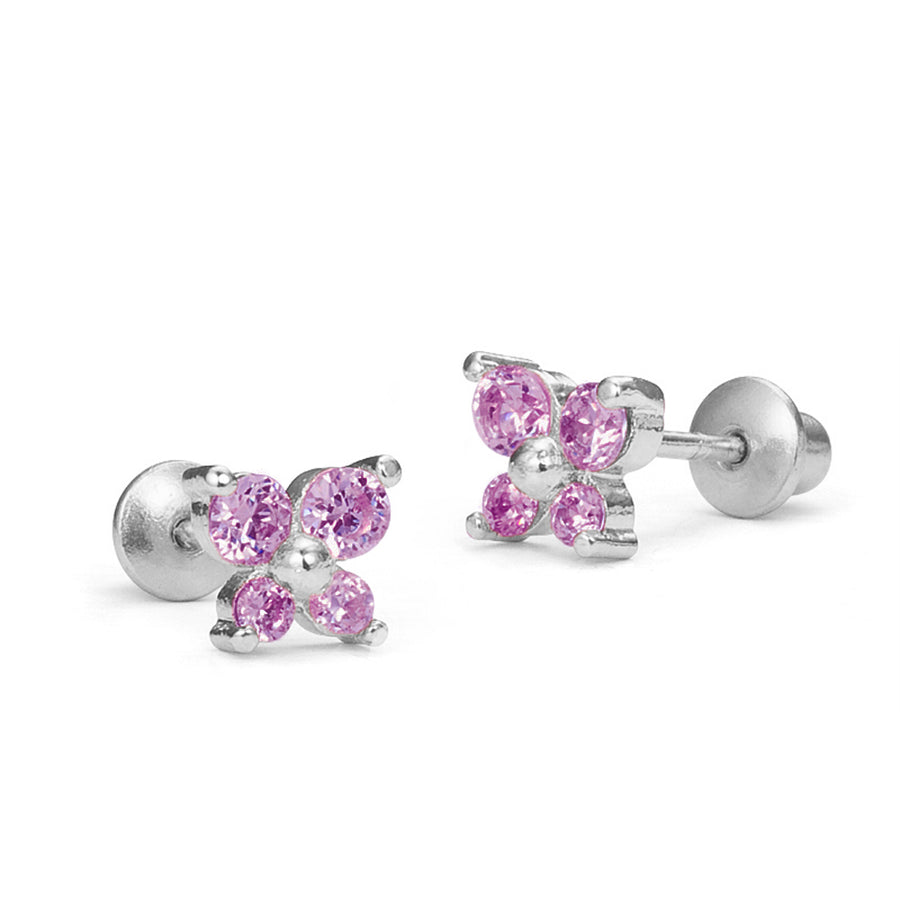 925 Sterling Silver Rhodium Plated Butterfly CZ Screwback Baby Girls Earrings