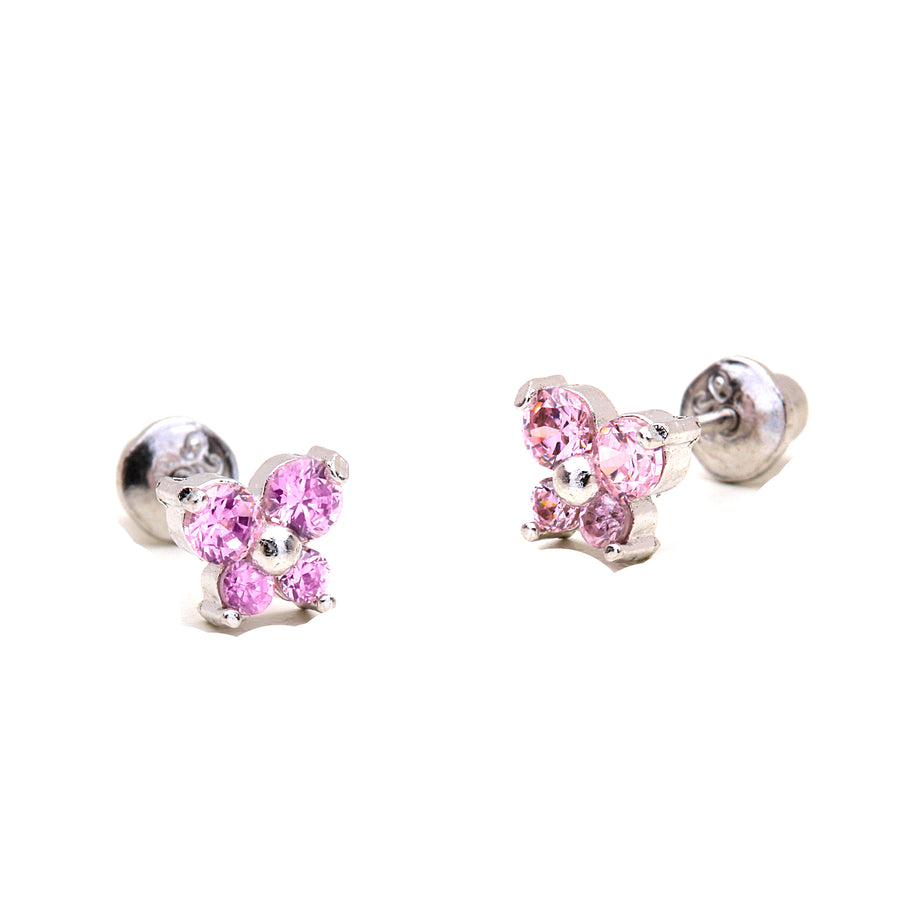 925 Sterling Silver Rhodium Plated Butterfly CZ Screwback Baby Girls Earrings