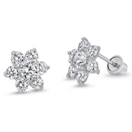 925 Sterling Silver Rhodium Plated Flower CZ Screwback Baby Girls Earrings