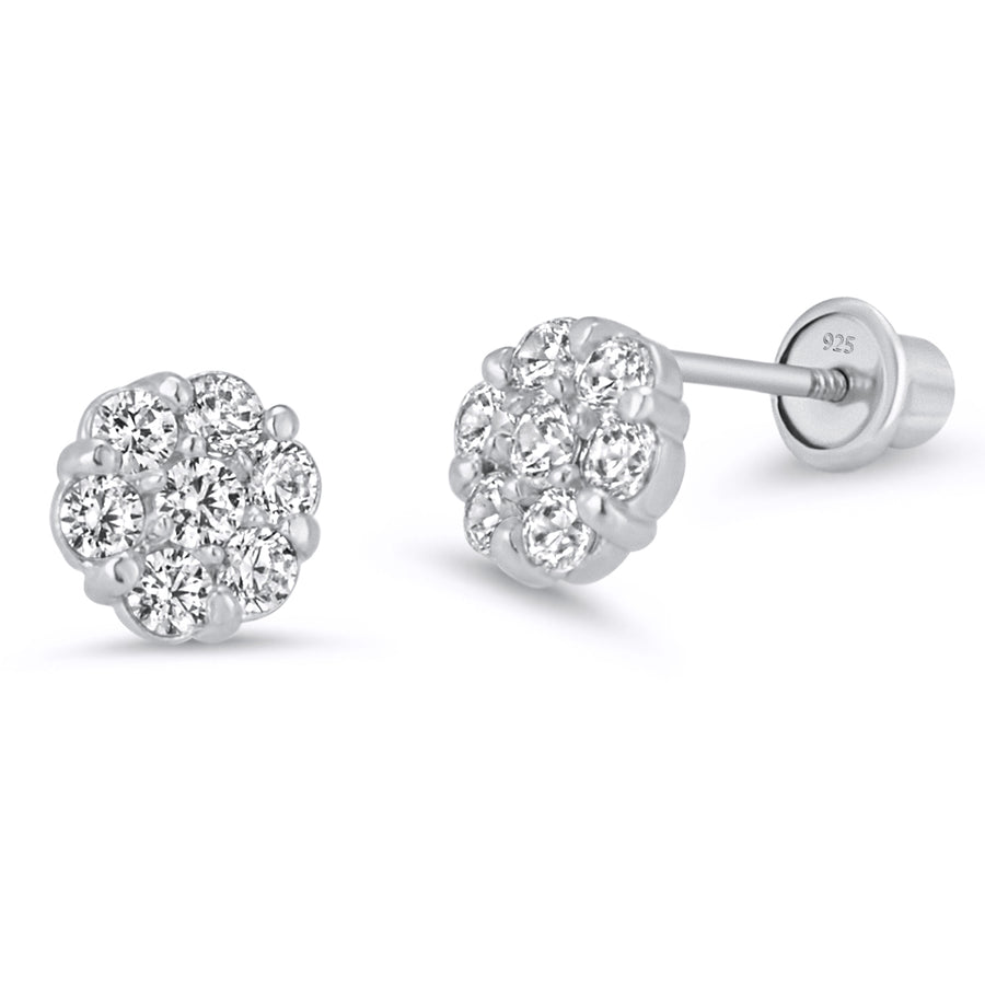 925 Sterling Silver Rhodium Plated Flower CZ Screwback Baby Girls Earrings