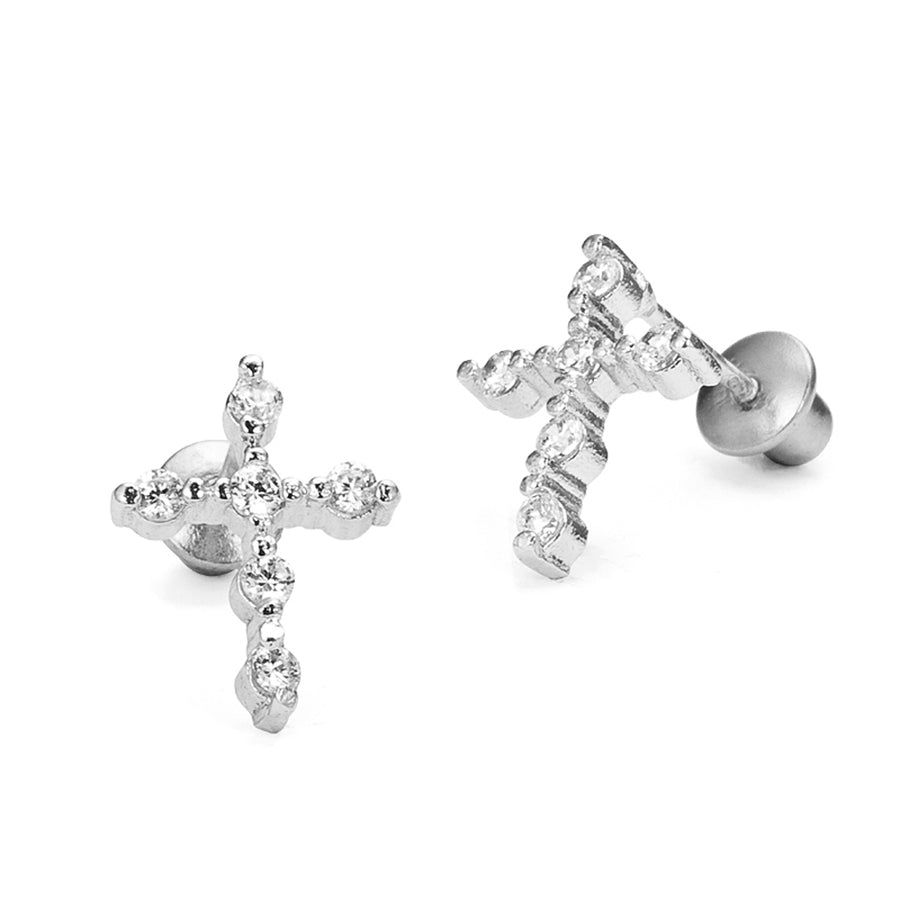 925 Sterling Silver Rhodium Plated Cross CZ Screwback Baby Girls Earrings