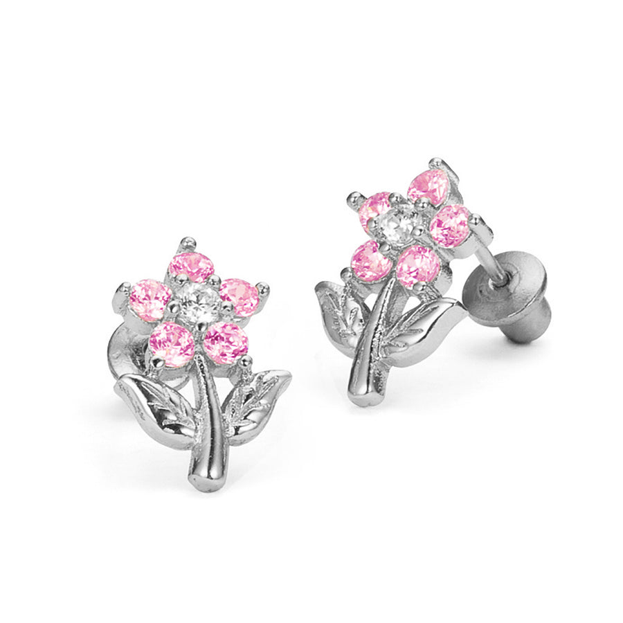 925 Sterling Silver Rhodium Plated Pink Flower CZ Screwback Baby Girls Earrings